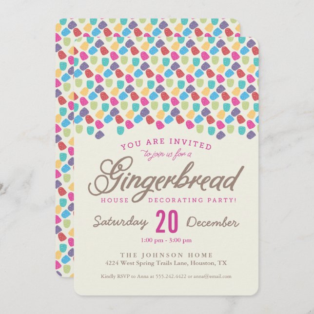 Invitation Gumdrops & Gingerbread Maison Décoration Party (Devant / Derrière)