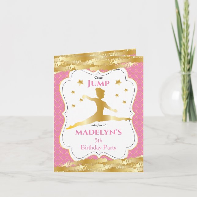 Invitation Gymnaste Pink Gold Stars Girl Photo Anniversaire (Devant)