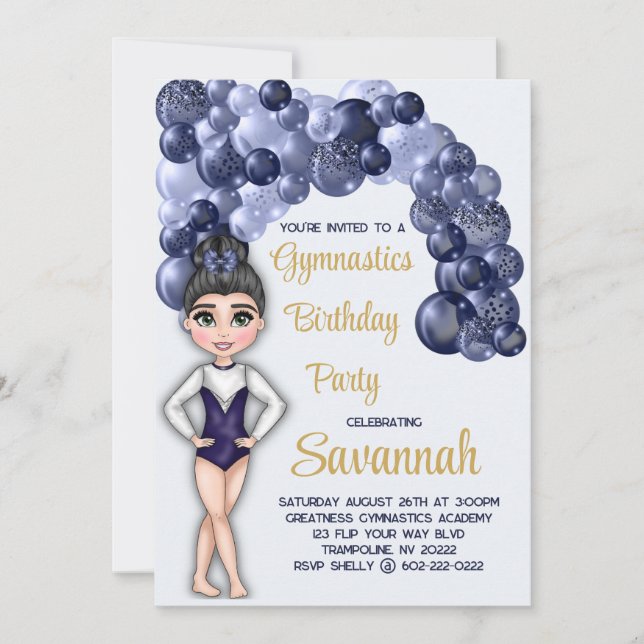 Invitation Gymnastique Anniversaire avec Bleu Balloon Arch (Devant)