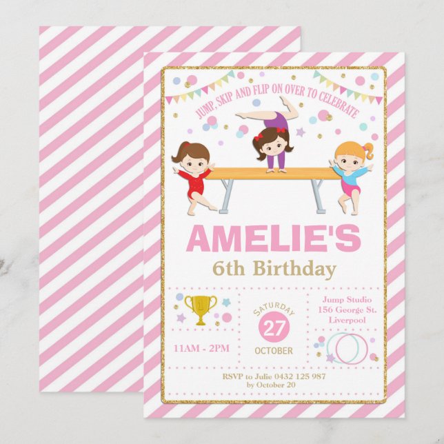 Invitation Gymnastique Anniversaire Dance Party Fille rose et (Devant / Derrière)