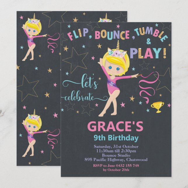 Invitation Gymnastique Anniversaire de la Fête des cheveux co (Devant / Derrière)