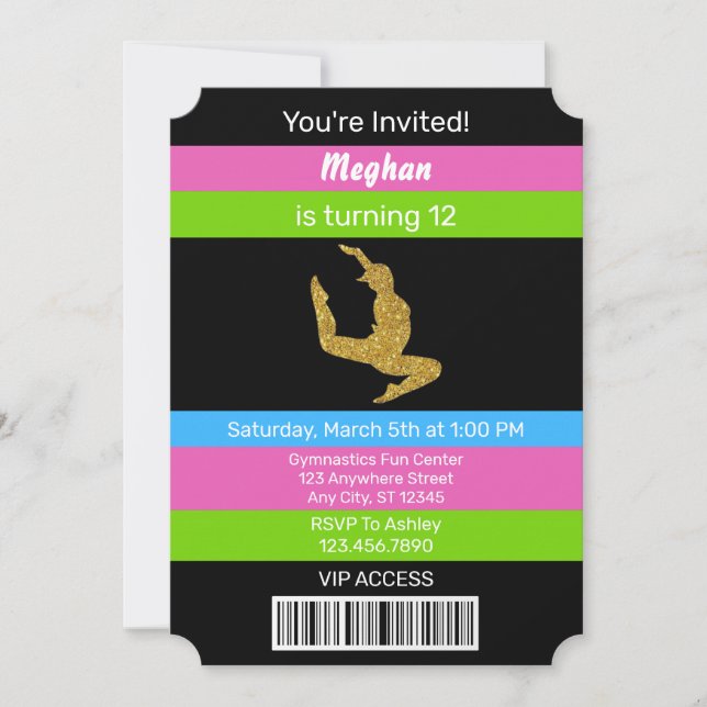 Invitation Gymnastique Anniversaire Parties scintillant Or In (Devant)