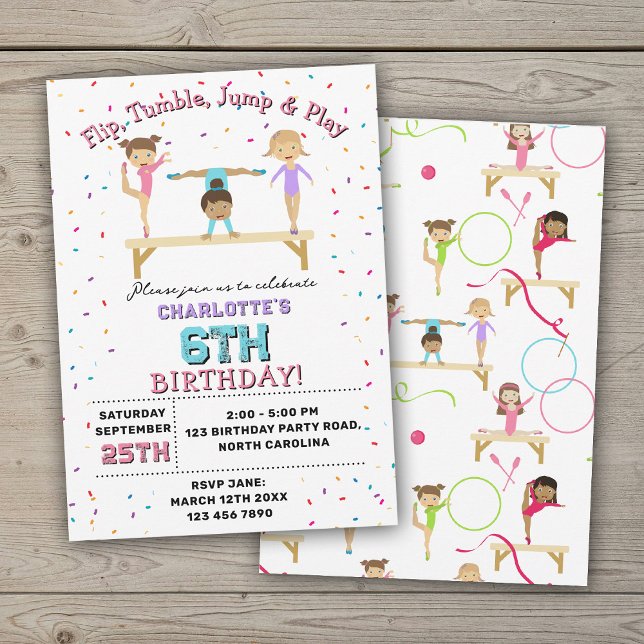 Invitation Gymnastique Enfants Fille Anniversaire Thème de fê (Gymnastics Kids Girl Birthday Party Theme Invitation)