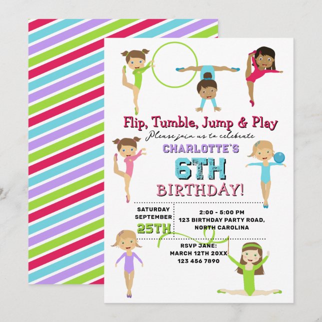 Invitation Gymnastique Enfants Fille Anniversaire Thème de fê (Devant / Derrière)