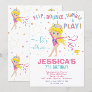 Invitation Gymnastique Fête d'anniversaire Unicorn Blonde Gir