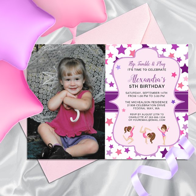 Invitation Gymnastique Photo Girl Stars Anniversaire (Gymnastics Photo Girl Stars Birthday Party Invitation)
