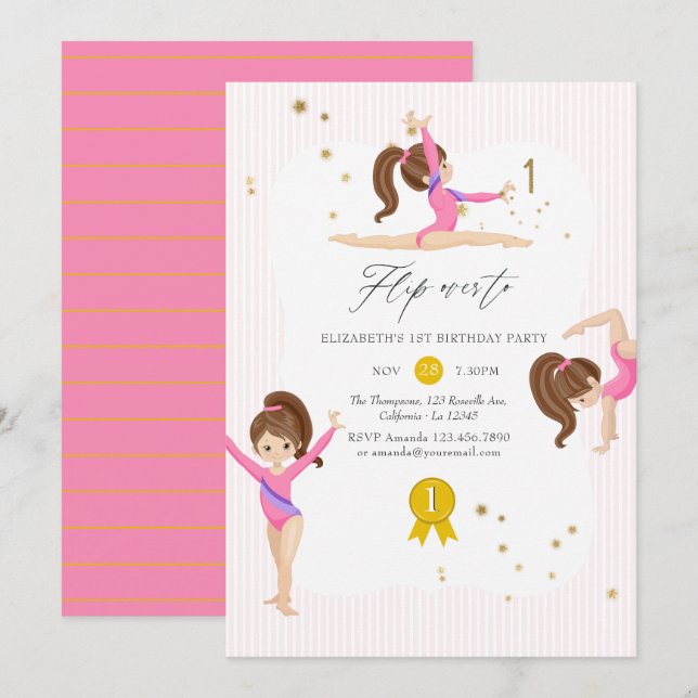 Invitation Gymnastique rose et or 1er anniversaire (Devant / Derrière)
