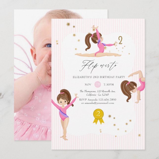 Invitation Gymnastique rose et or 2e anniversaire de la fête  (Devant / Derrière)