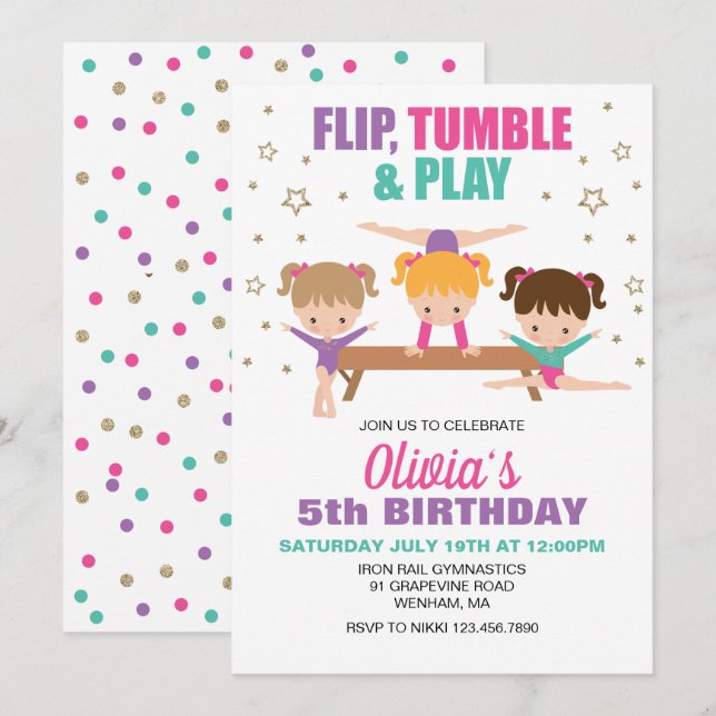Invitation Gymnastique rose violet turquoise fille Anniversai (Devant / Derrière)