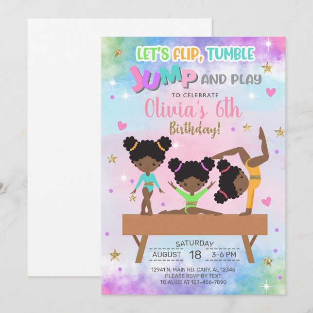 Invitation Gymnastique tonger saut et jouer anniversaire fill (Devant / Derrière)
