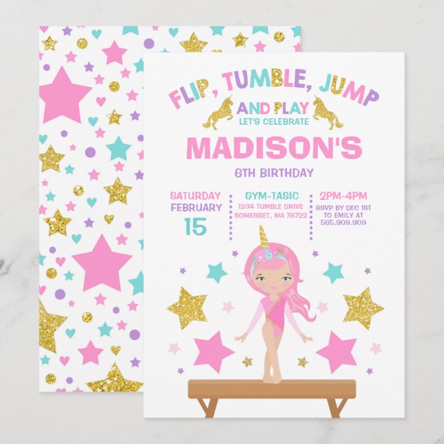 Invitation Gymnastique Unicorne Gymnastique Party (Devant / Derrière)