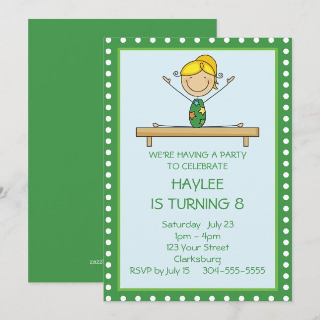 Invitation Gymnastique verte fête d'anniversaire (Devant / Derrière)