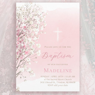 Invitation gypsophile bébé aquarelle rose   Baptême bébé fill