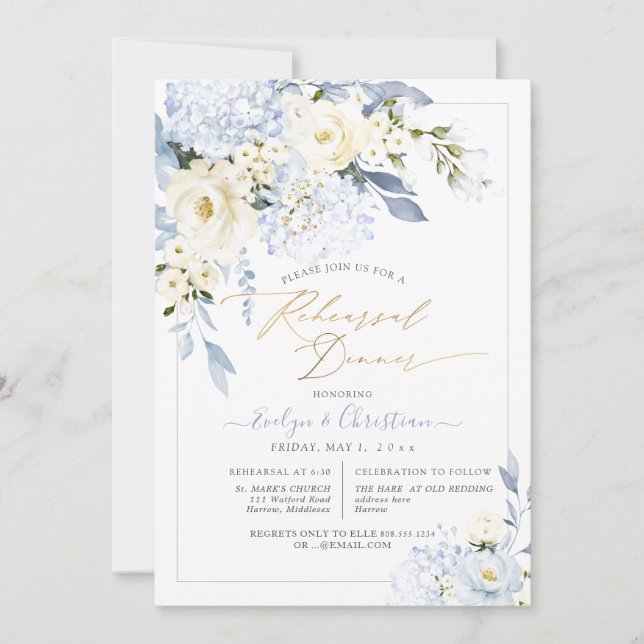 Invitation H2 Blue Hydrangea Crème Dîner de répétition Roses (Devant)