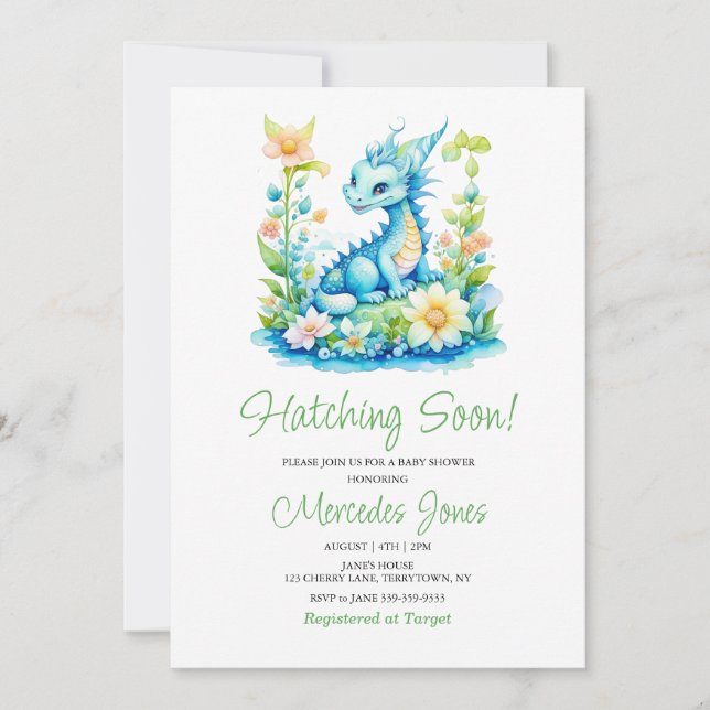 Invitation Hachage Floral Dragon Bleu Bientôt Baby shower (Devant)