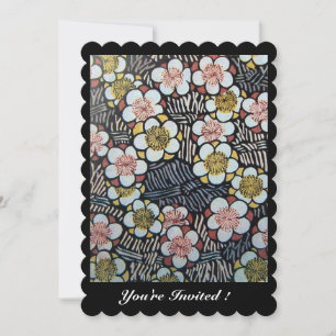 INVITATION HAIKU/ NOIR BLANC JAUNE ROSE FLEURS DE PRINTEMPS