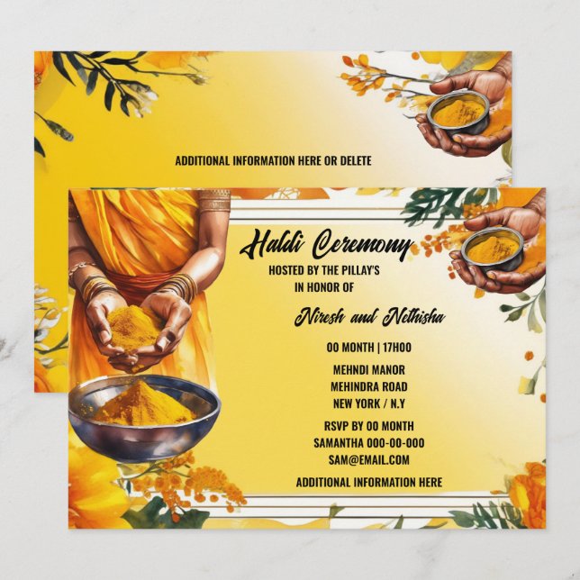 Invitation Haldi cérémonie floral turmerie mains fleurs (Devant / Derrière)
