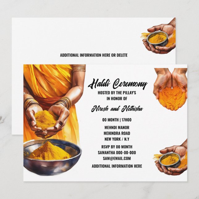 Invitation Haldi mains curcuma mariage indien cérémonie chic (Devant / Derrière)