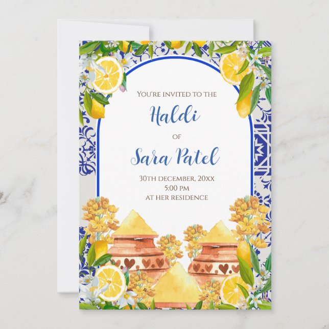 Invitation Haldi méditerranéen invite décoration italienne Ha (Devant)