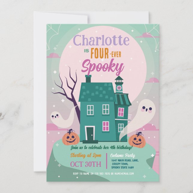 Invitation Halloween 4ème fête Quatre Fille Ghost House Haunt (Devant)