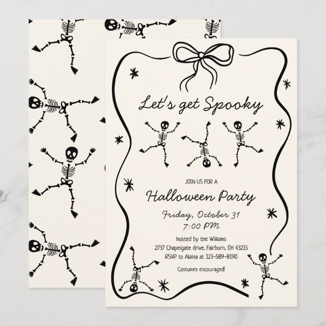 Invitation Halloween à la main de Whimsical Drake Skeleton Bo (Devant / Derrière)