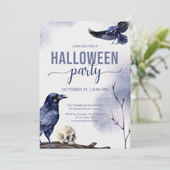 Invitation Halloween Adult Party Aquarelle Corbeau gothique (Debout devant)