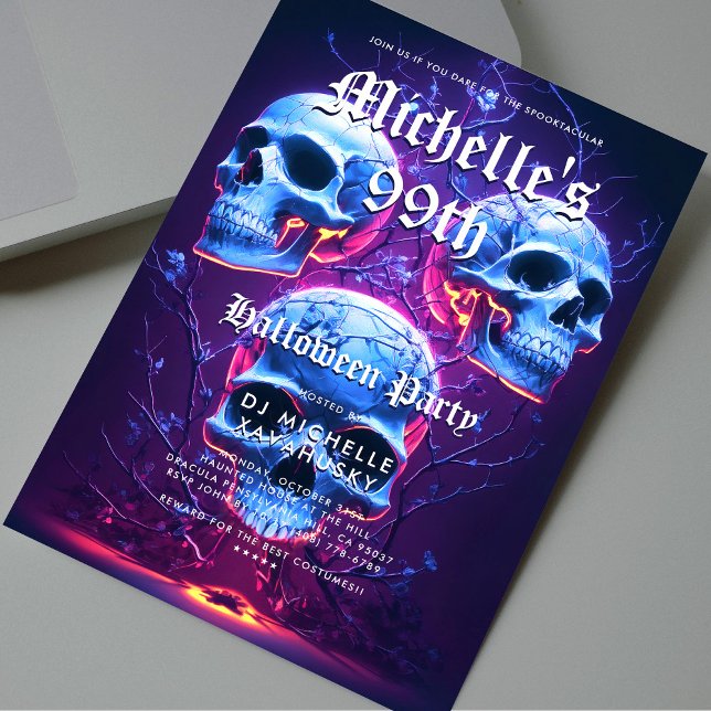 Invitation Halloween adulte fête d'anniversaire Neon Crâne mo (Adult Halloween Birthday Party Neon Skull Modern Invitation
)