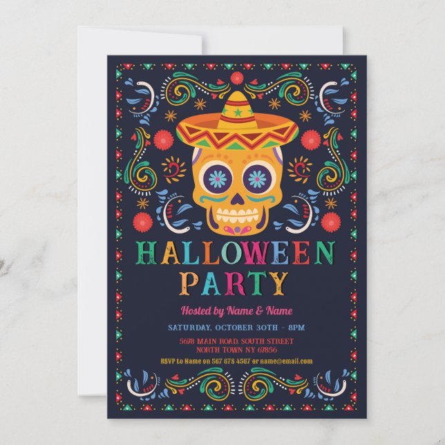 Invitation Halloween Anniversaire Sugar Skull Fiesta Mexicain (Devant)