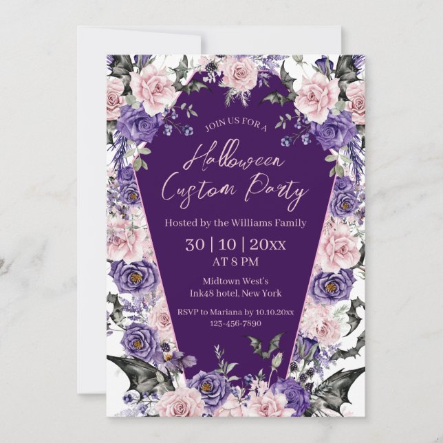 Invitation halloween aquarelle florale violet rose (Devant)