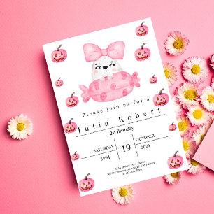 Invitation Halloween aquarelle rose citrouille fantôme