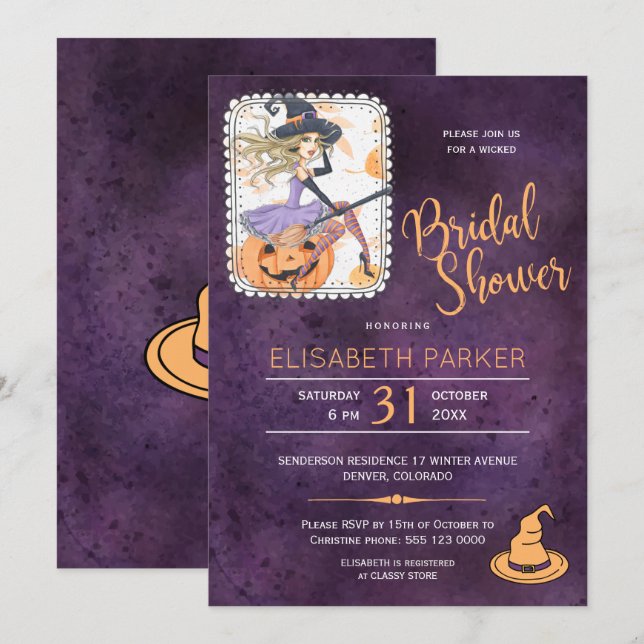 Invitation Halloween aquarelle sorcière douche nuptiale (Devant / Derrière)