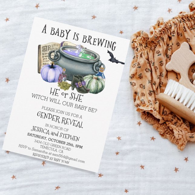 Invitation Halloween Baby Brewing Witch Gender Reveal    (Créateur téléchargé)