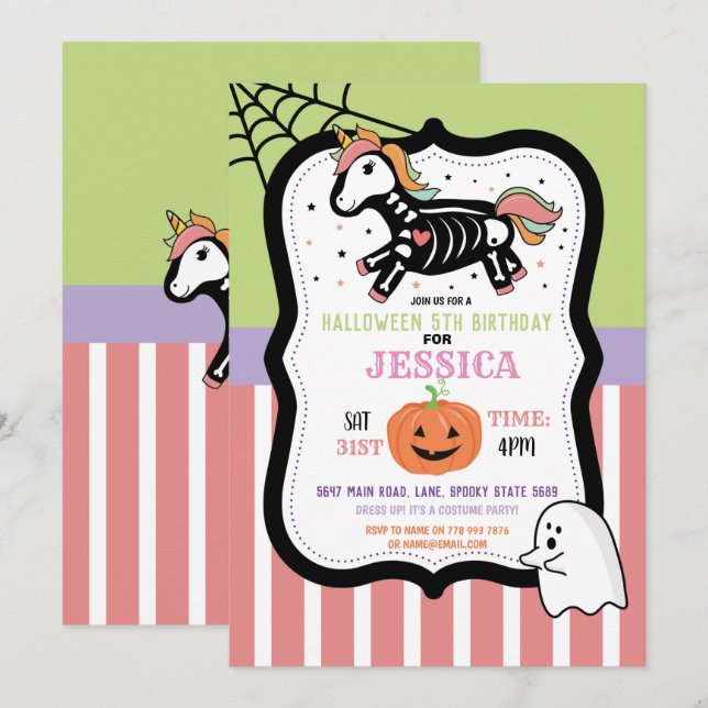 Invitation Halloween Birthday Kids Unicorn Skeleton Fun (Devant / Derrière)