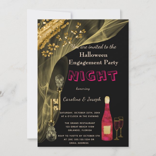 Invitation Halloween Black & Gold Skull Keys d'engagement (Devant)