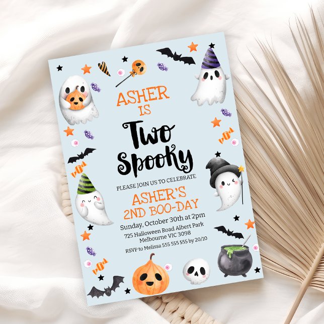 Invitation Halloween bleu garçon Deux Éffrayants 2e anniversa (Blue Halloween Two Spooky 2nd Birthday Invitation, Halloween 2nd Birthday Invitation Boy, Ghosts)
