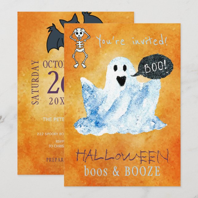 Invitation Halloween branché aquarelle fantôme boos booos fêt (Devant / Derrière)