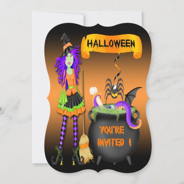Invitation Halloween branché Sorcière Cauldron style de croch (Devant)