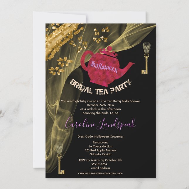 Invitation Halloween Bridal Red Tea Pot & Gold Skuls Party I (Devant)