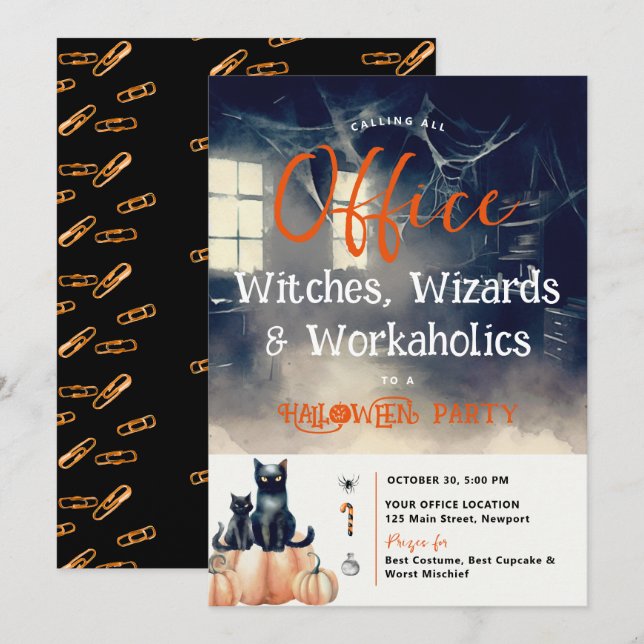 Invitation Halloween Bureau Partie Business Corporate Cats (Devant / Derrière)