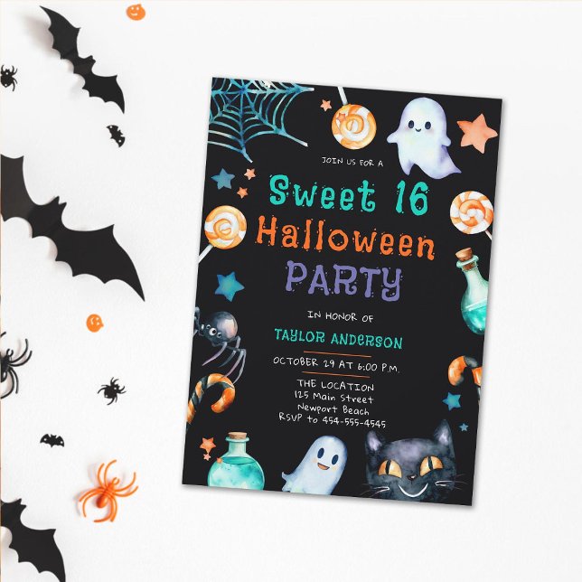 Invitation Halloween Candy Frame Fantômes Black Cat Sweet 16 (sweet 16 halloween invitation for girls candy frame ghosts black cat fun cute sweet elegant party)