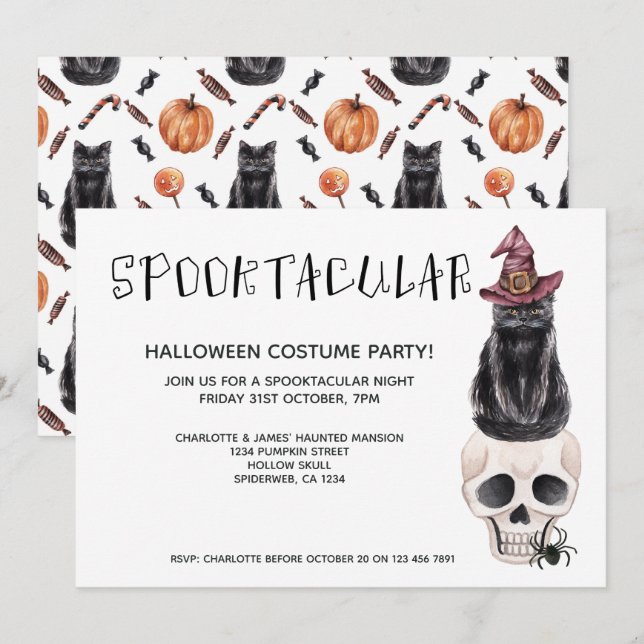 Invitation Halloween Chat Noir Spooktaculaire Sur Un Crâne (Devant / Derrière)