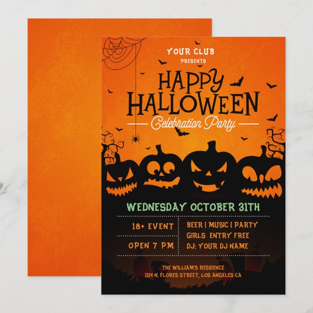 Invitation Halloween citrouille araignées et chauves-souris i (Devant / Derrière)