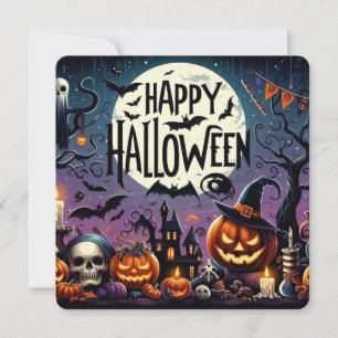 Invitation Halloween Citrouilles de nuit, crânes et maison ha