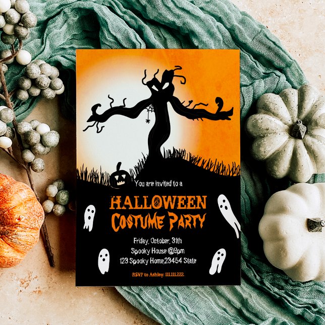 Invitation Halloween Costume Party éffrayant arbre fantômes c (Halloween Costume Party spooky tree ghosts pumpkin Invitation)