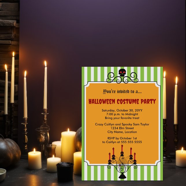 Invitation Halloween Crâne Candelabra Costume Party (Halloween skull and candelabra costume party invitation.)