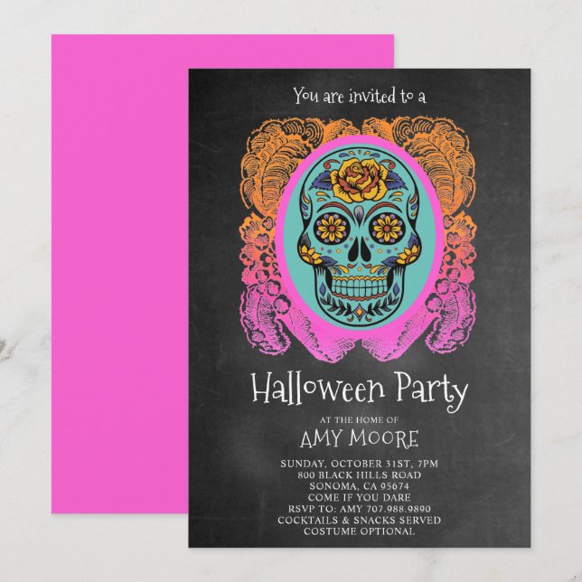 Invitation Halloween Crâne de sucre Chalkboard Party Invitati (Devant / Derrière)