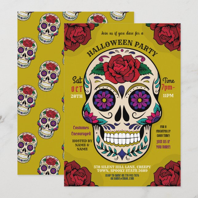 Invitation Halloween Crâne de sucre Gothique Roses Horreur (Devant / Derrière)