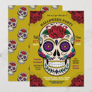 Invitation Halloween Crâne de sucre Gothique Roses Horreur