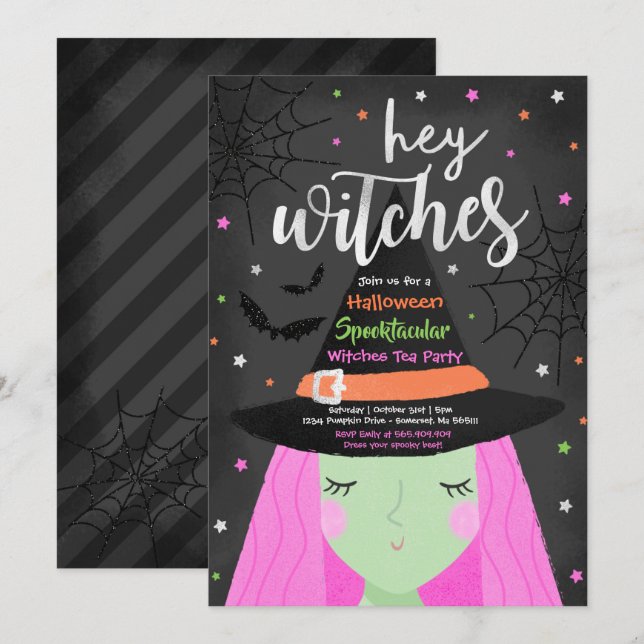 Invitation Halloween Cute Hey sorcière la fête du thé Hallowe (Devant / Derrière)