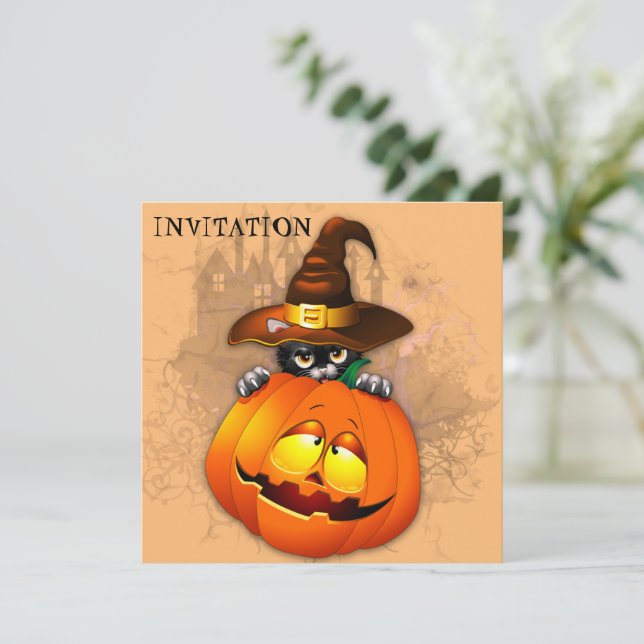 Invitation Halloween Cute Kitty Witch et ami Citrouille (Debout devant)